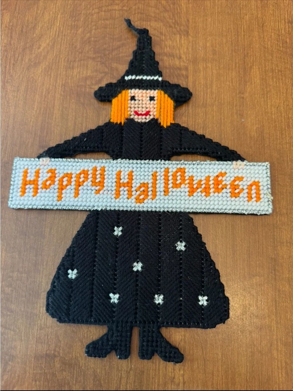 Halloween Witch Wall Hanging Needlepoint Decoration - Black and Orange
